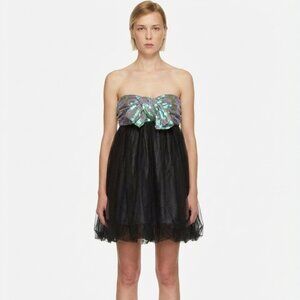 BROSE Holt Renfrew Babydoll Y2K Bubble Hem Strapless‎ Sequin Black Mini Dress 2